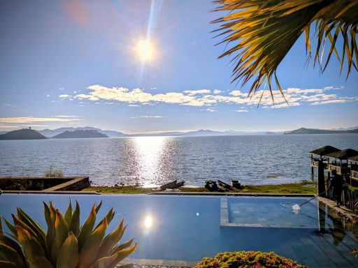 Vue sereine d'un lac sous un ciel ensoleillé, avec des palmiers et une piscine à débordement.